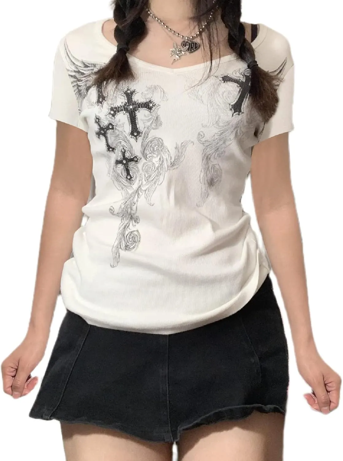 Women Short Sleeve Crop Top Summer Casual Vintage Graphic Slim Fitted Crew Neck E-Girls T-Shirt Streetwear