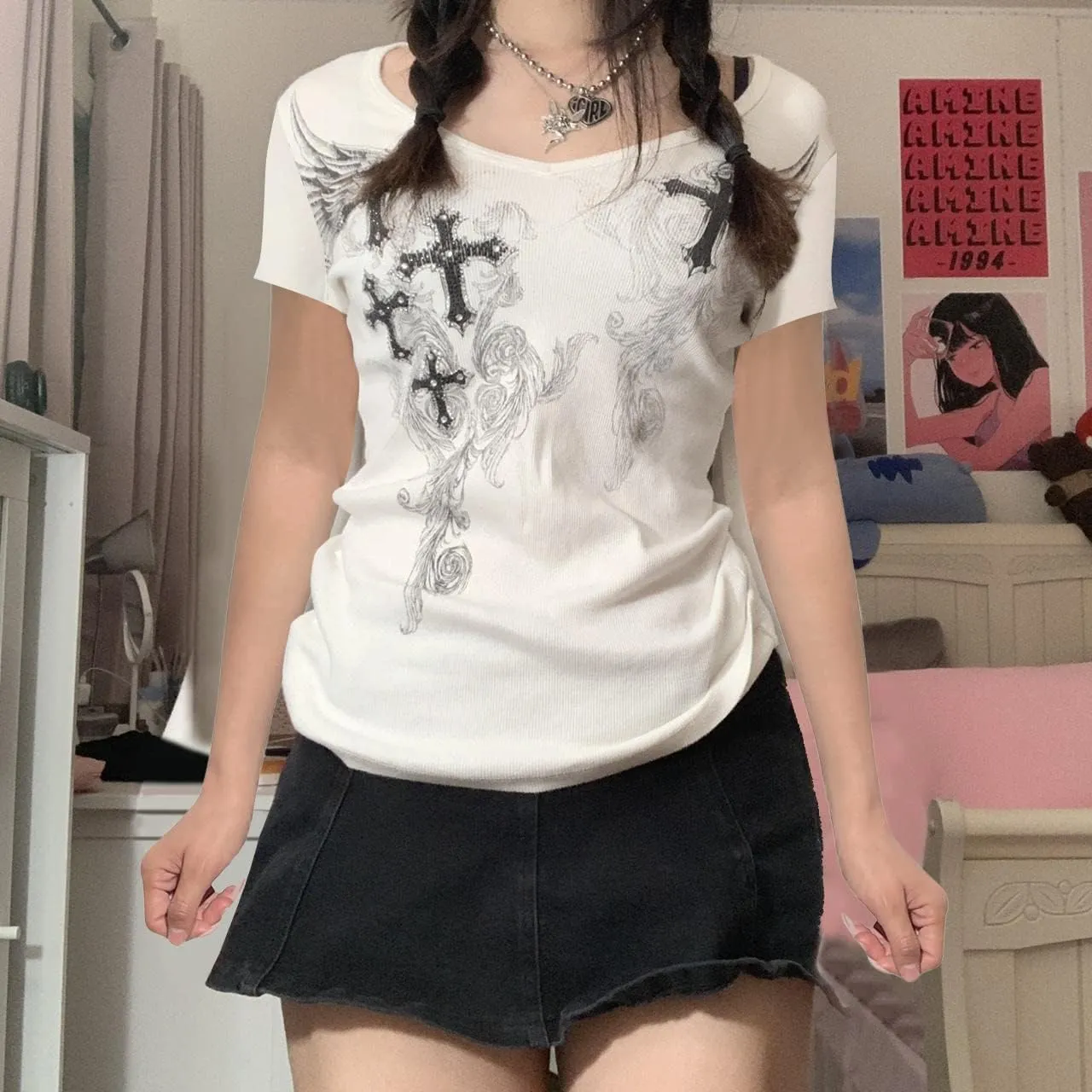 Women Short Sleeve Crop Top Summer Casual Vintage Graphic Slim Fitted Crew Neck E-Girls T-Shirt Streetwear