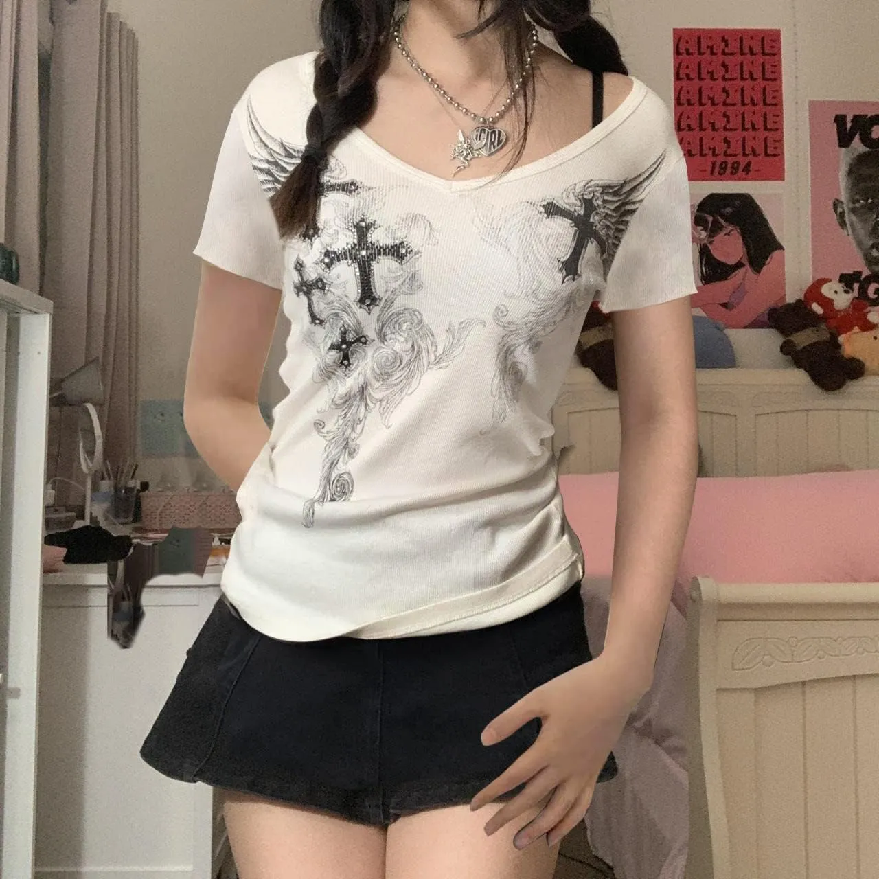Women Short Sleeve Crop Top Summer Casual Vintage Graphic Slim Fitted Crew Neck E-Girls T-Shirt Streetwear