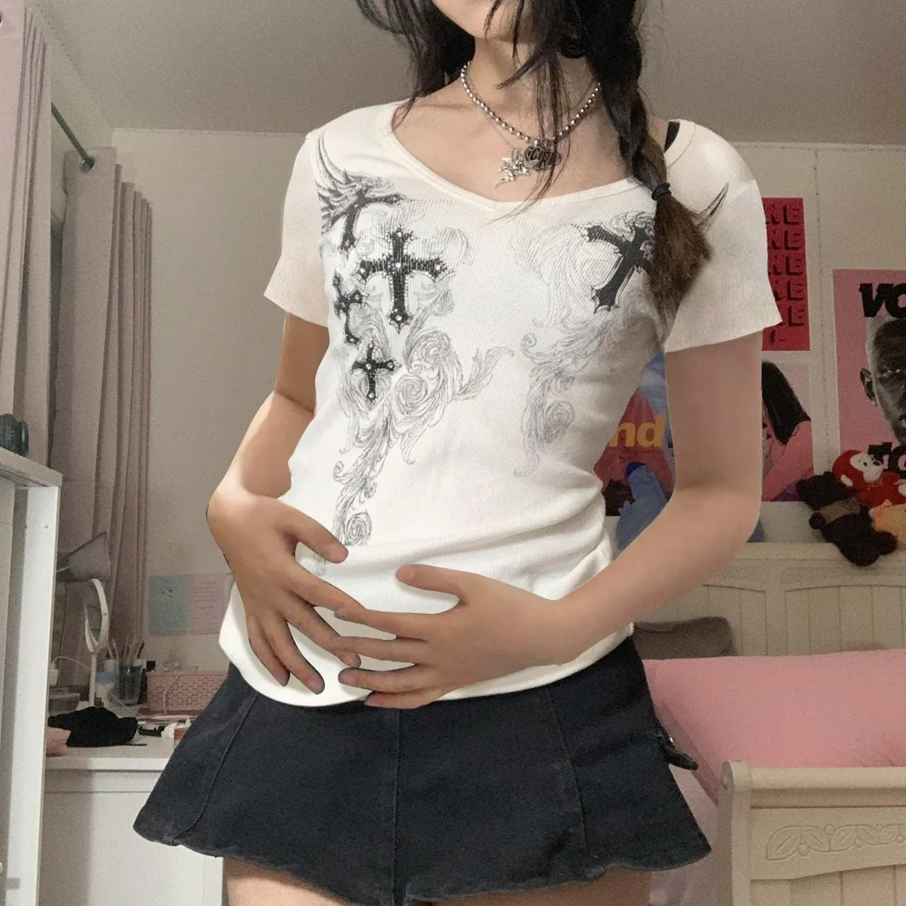 Women Short Sleeve Crop Top Summer Casual Vintage Graphic Slim Fitted Crew Neck E-Girls T-Shirt Streetwear
