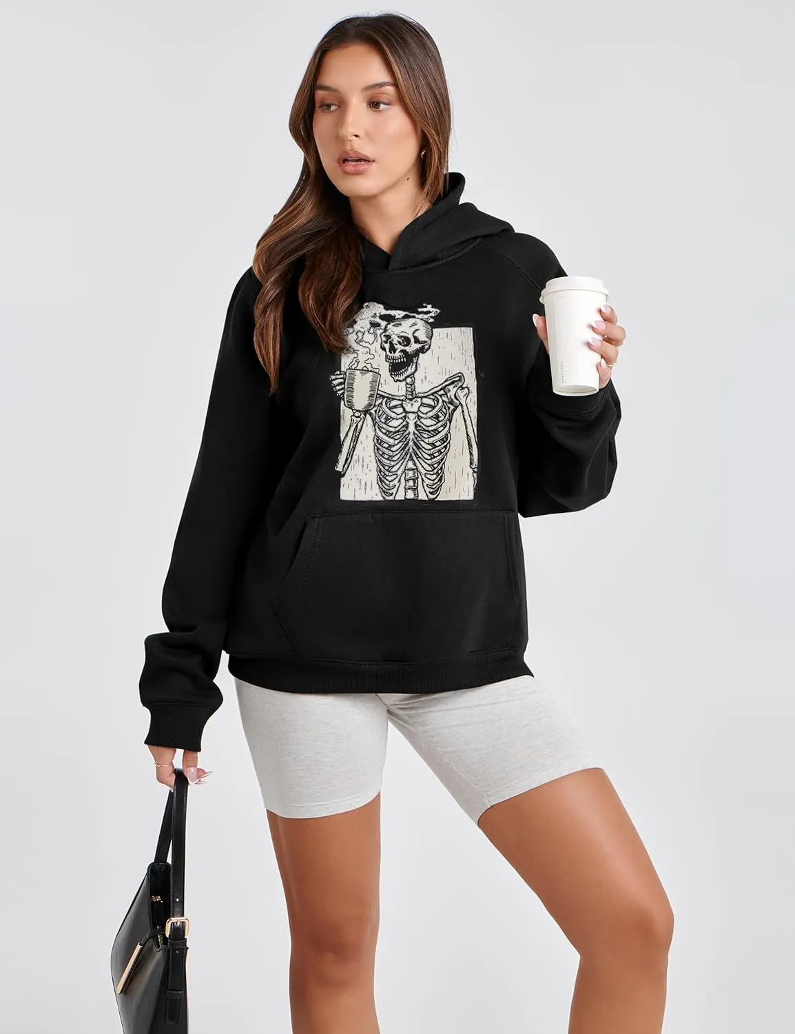 Women Skull Graphic Printed Fleece Oversized Hoodie Sweatshirt Long Sleeve Drop Shoulder Pullovers Top