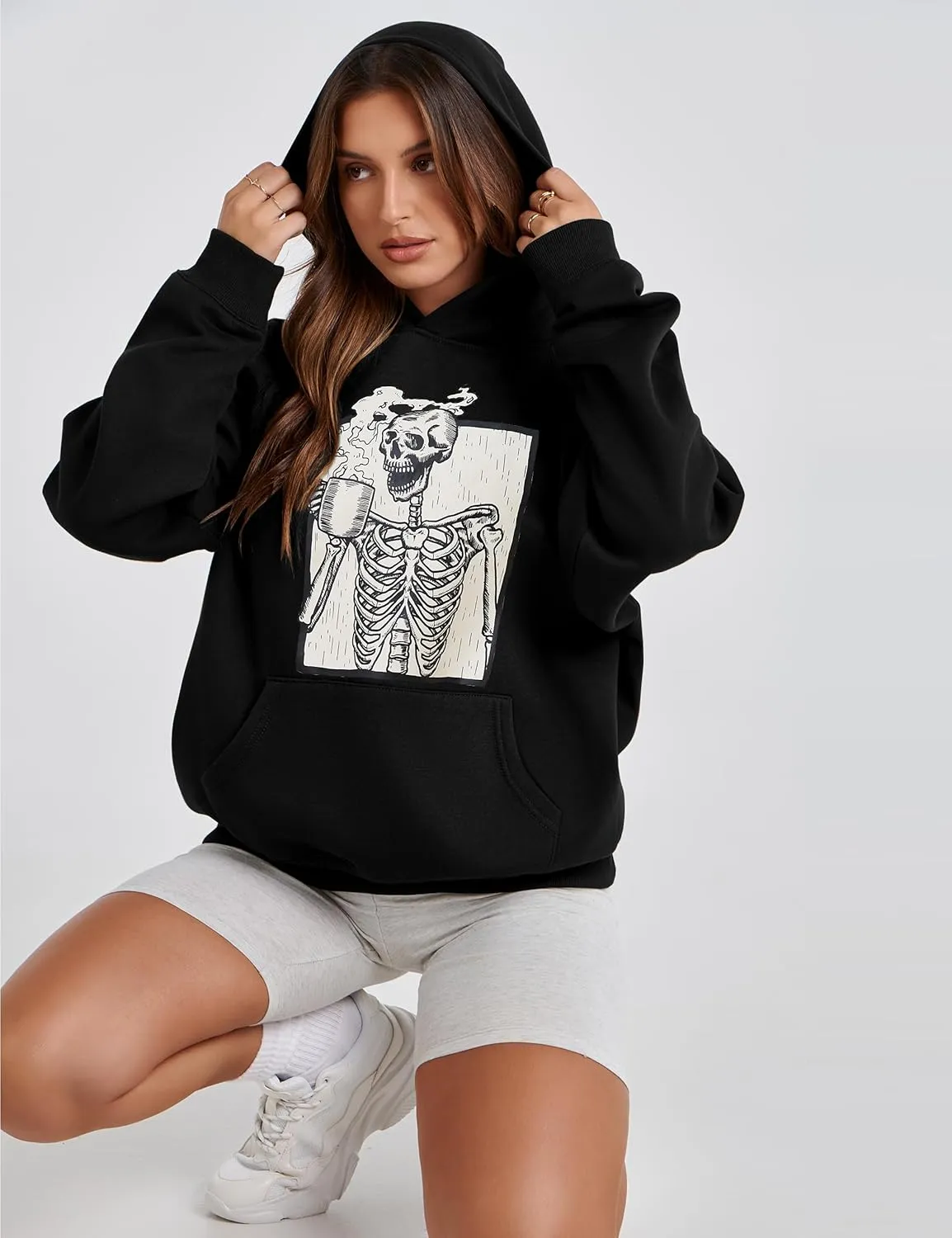 Women Skull Graphic Printed Fleece Oversized Hoodie Sweatshirt Long Sleeve Drop Shoulder Pullovers Top