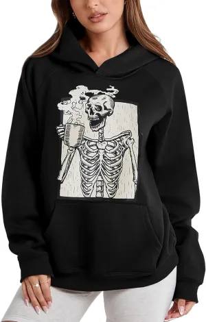 Women Skull Graphic Printed Fleece Oversized Hoodie Sweatshirt Long Sleeve Drop Shoulder Pullovers Top
