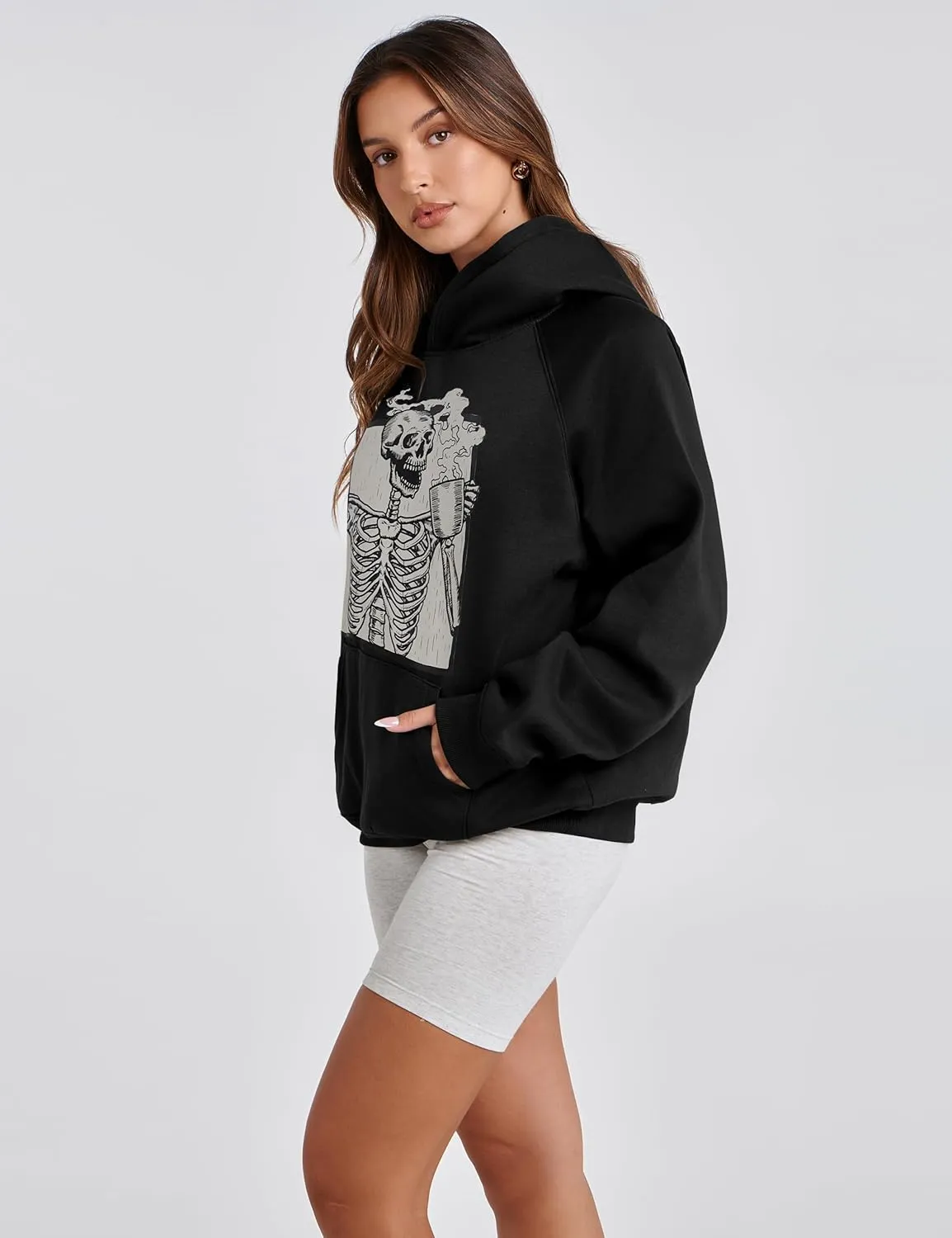 Women Skull Graphic Printed Fleece Oversized Hoodie Sweatshirt Long Sleeve Drop Shoulder Pullovers Top