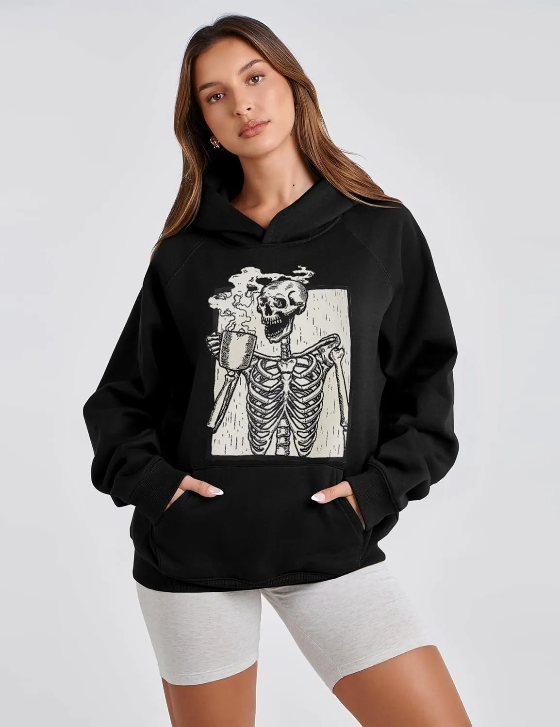 Women Skull Graphic Printed Fleece Oversized Hoodie Sweatshirt Long Sleeve Drop Shoulder Pullovers Top
