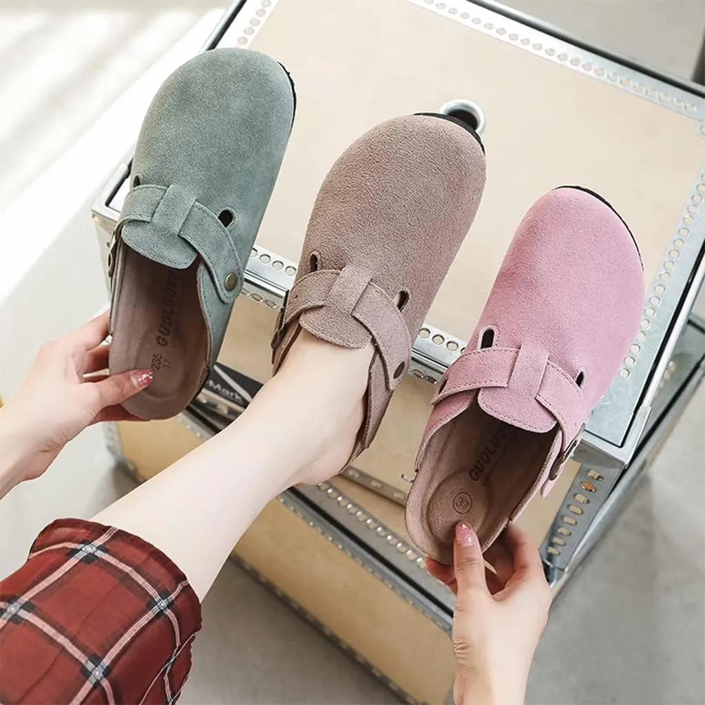 Women Slippers Outdoor Walking,Men Mule Clogs Shoes Summer PU Leather Slip On l Anti Slip Loafer Flat Vintage Garden Mules Closed Toe