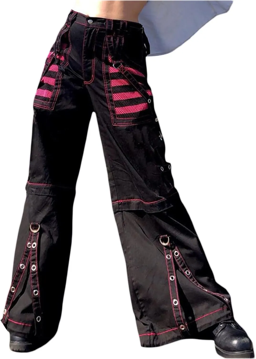 Women Vintage Goth Hip Hop Jeans Punk High Waisted Baggy Bootcut Jeans Strap Chain Striped Wide Leg Denim Pants