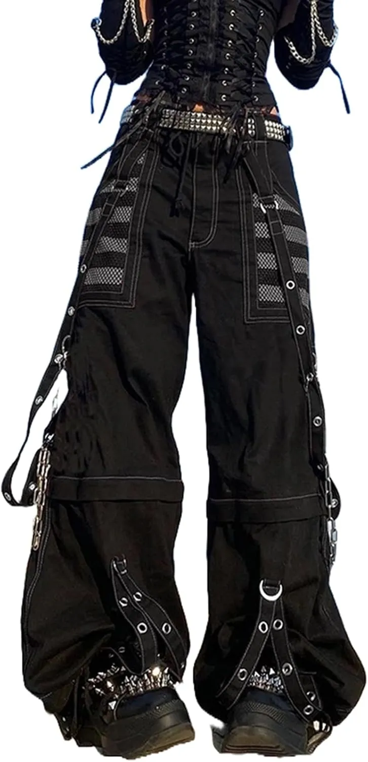 Women Vintage Goth Hip Hop Jeans Punk High Waisted Baggy Bootcut Jeans Strap Chain Striped Wide Leg Denim Pants