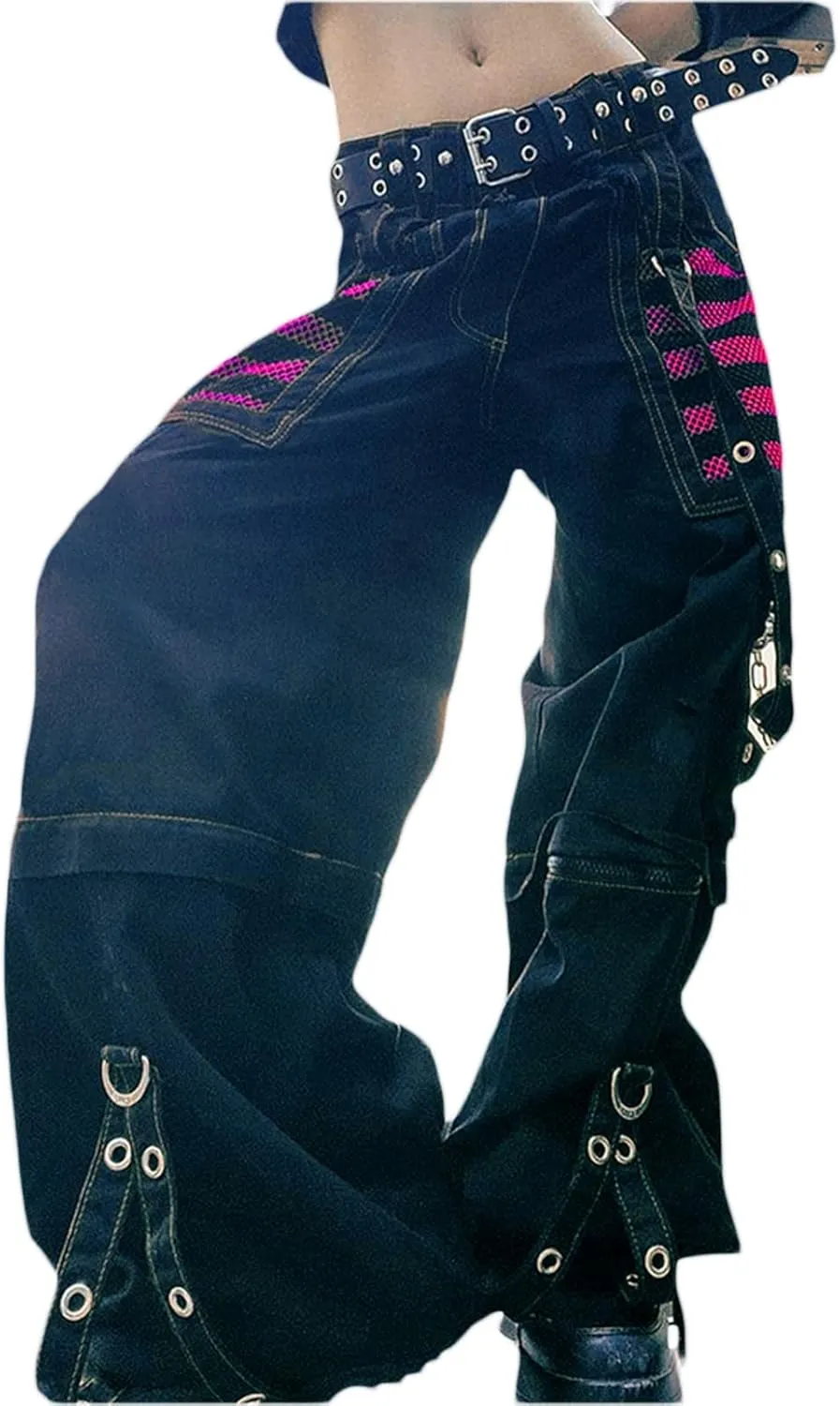 Women Vintage Goth Hip Hop Jeans Punk High Waisted Baggy Bootcut Jeans Strap Chain Striped Wide Leg Denim Pants