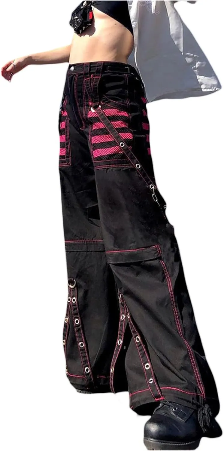 Women Vintage Goth Hip Hop Jeans Punk High Waisted Baggy Bootcut Jeans Strap Chain Striped Wide Leg Denim Pants