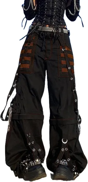Women Vintage Goth Hip Hop Jeans Punk High Waisted Baggy Bootcut Jeans Strap Chain Striped Wide Leg Denim Pants