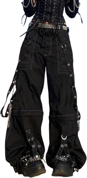 Women Vintage Goth Hip Hop Jeans Punk High Waisted Baggy Bootcut Jeans Strap Chain Striped Wide Leg Denim Pants