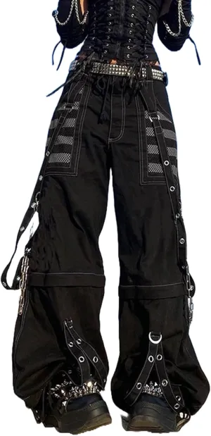 Women Vintage Goth Hip Hop Jeans Punk High Waisted Baggy Bootcut Jeans Strap Chain Striped Wide Leg Denim Pants