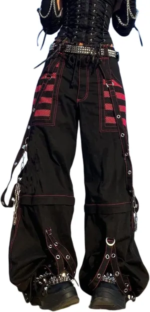 Women Vintage Goth Hip Hop Jeans Punk High Waisted Baggy Bootcut Jeans Strap Chain Striped Wide Leg Denim Pants