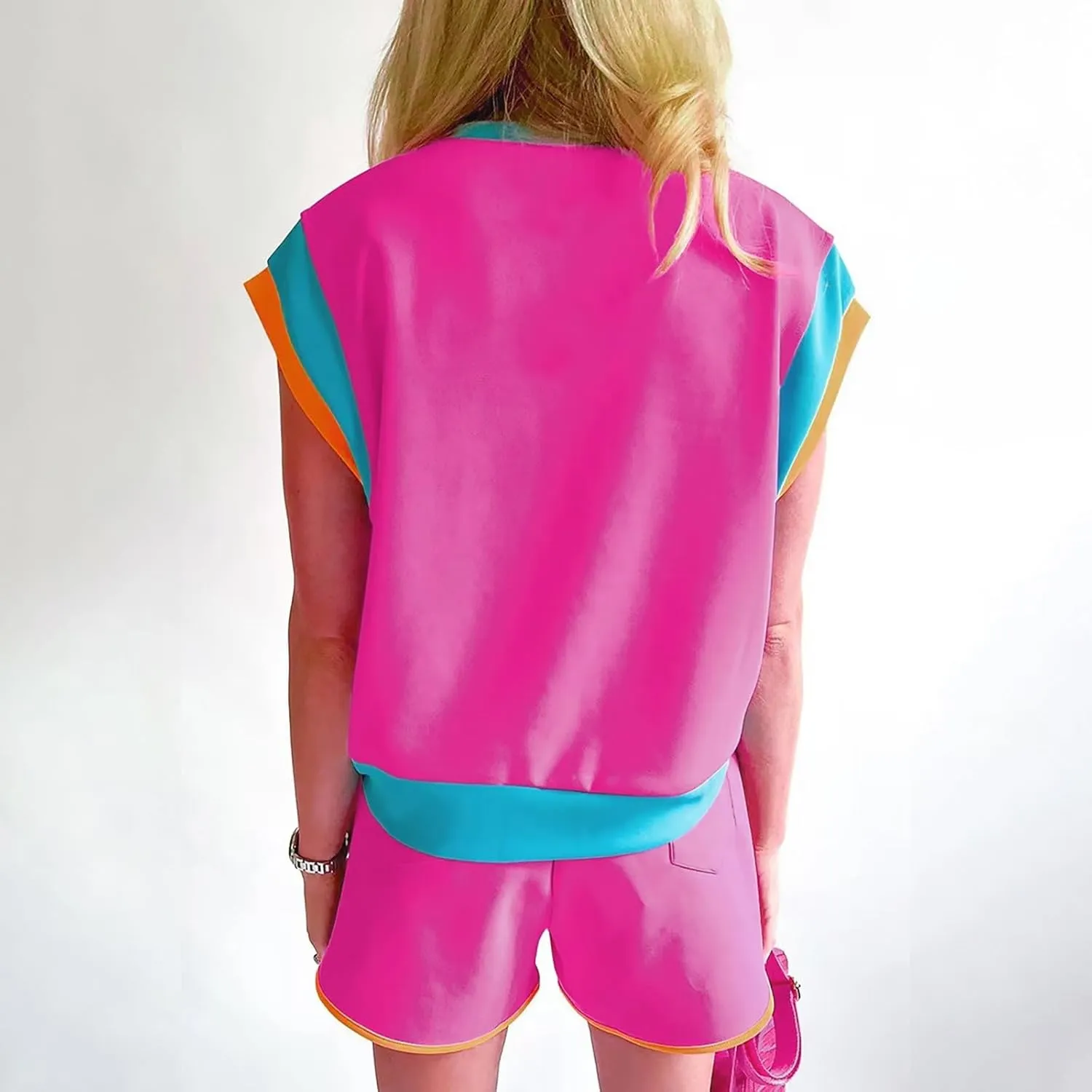 Womens 2 Piece Lounge Sets Cap Sleeve Pullover Top and Matching Shorts Contrast Color Outfit Casual Summer Tracksuits