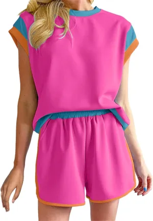 Womens 2 Piece Lounge Sets Cap Sleeve Pullover Top and Matching Shorts Contrast Color Outfit Casual Summer Tracksuits