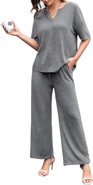Women's 2 Piece Outfits 2025 Pullover Tops and Wide Leg Pants Lounge Sets Sweatsuits Set with Pockets
