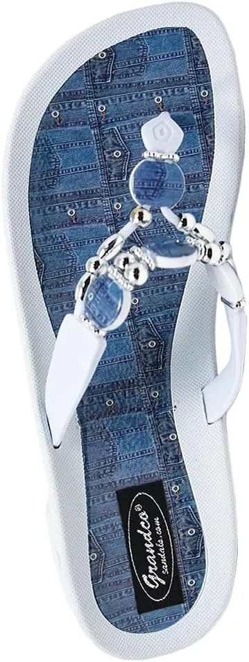 Women's 25574d Denim Beaded Waterproof Sole Thong Flip-Flop Sandals