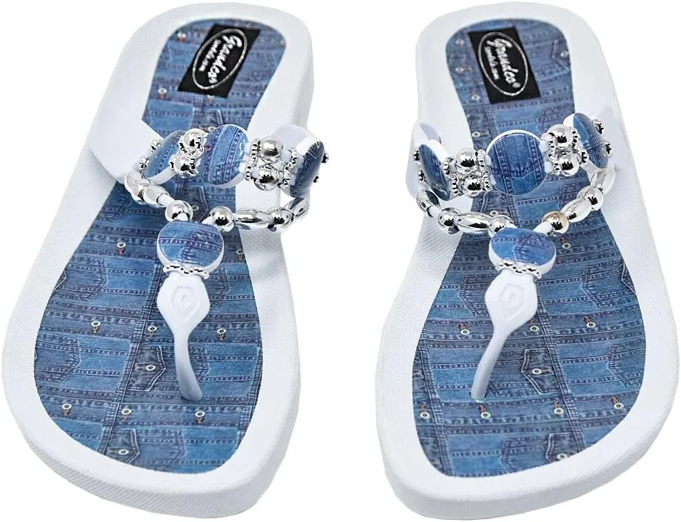 Women's 25574d Denim Beaded Waterproof Sole Thong Flip-Flop Sandals