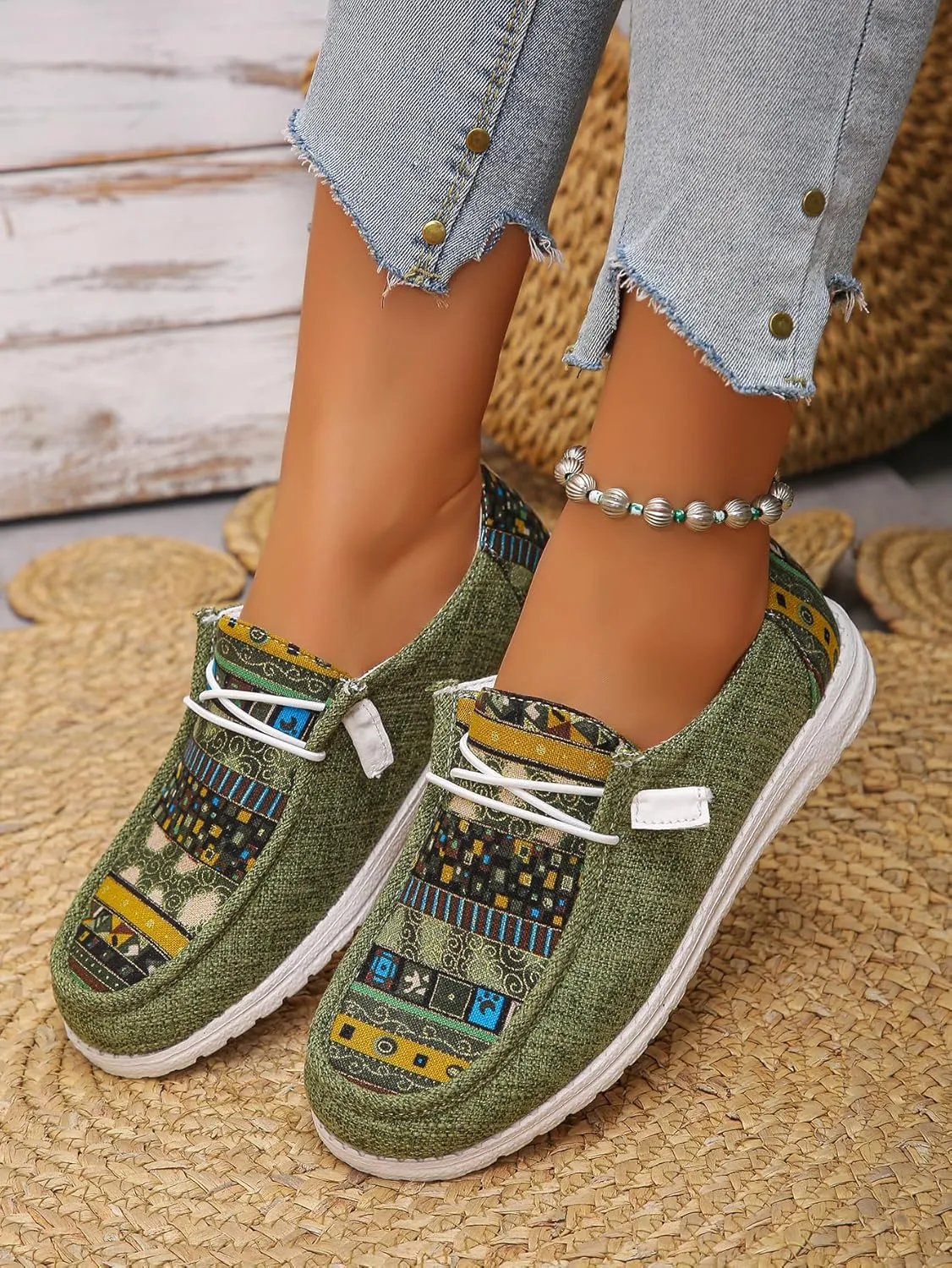 Women's Aztec Print Slip-On Loafers - Elastic Lace Comfort Shoes, Lightweight Foam Sole, Orthotic Support for Daily Wear, Trendy Casual Sneakers (US 6-11)