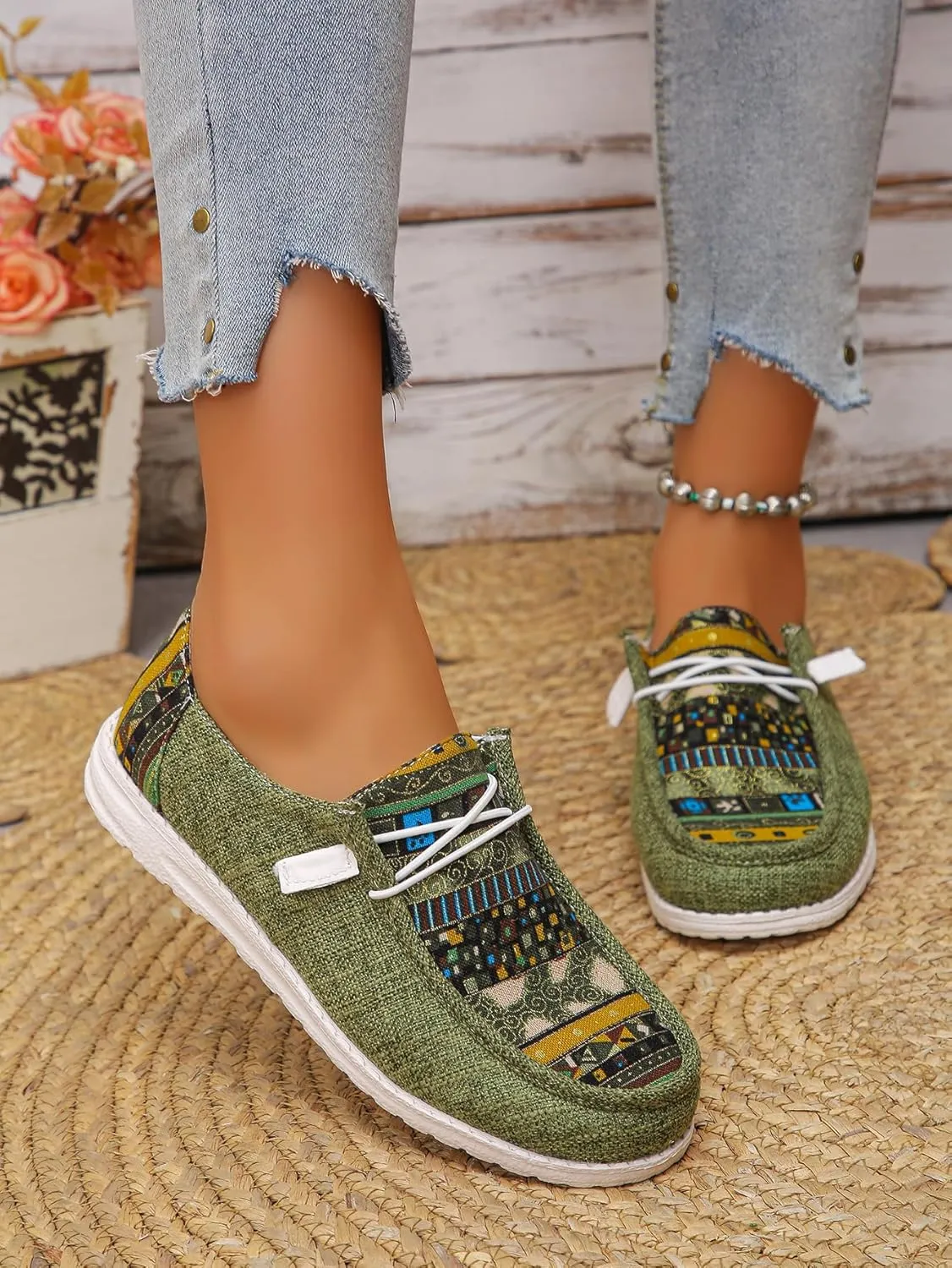 Women's Aztec Print Slip-On Loafers - Elastic Lace Comfort Shoes, Lightweight Foam Sole, Orthotic Support for Daily Wear, Trendy Casual Sneakers (US 6-11)