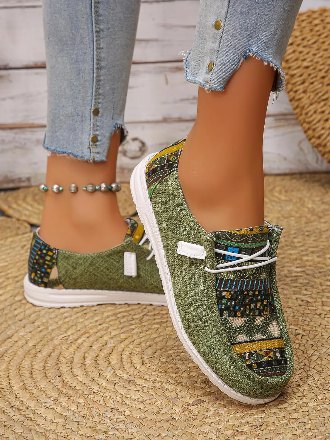Women's Aztec Print Slip-On Loafers - Elastic Lace Comfort Shoes, Lightweight Foam Sole, Orthotic Support for Daily Wear, Trendy Casual Sneakers (US 6-11)