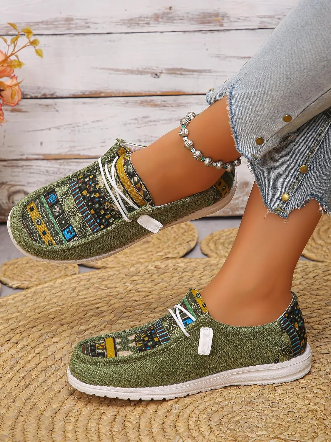 Women's Aztec Print Slip-On Loafers - Elastic Lace Comfort Shoes, Lightweight Foam Sole, Orthotic Support for Daily Wear, Trendy Casual Sneakers (US 6-11)