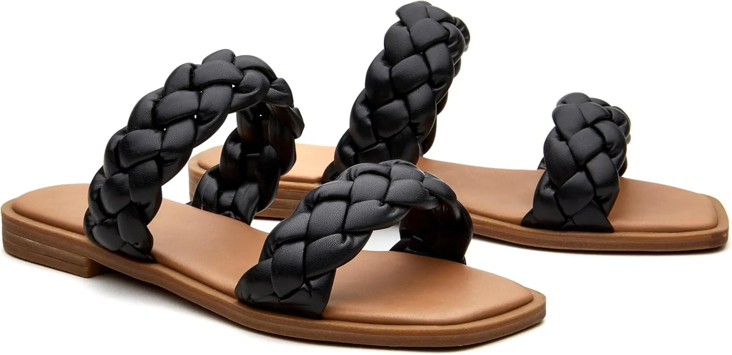 Women's Braided Two Strap Slide Dressy Square Toe Sandal