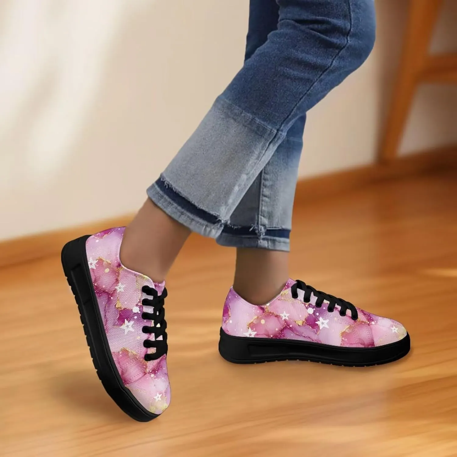Women's Canvas Sneakers Mesh Lace Up Low Top Sneakers Lightweight Breathable Canvas Tennis Shoes Ladies Running Shoes