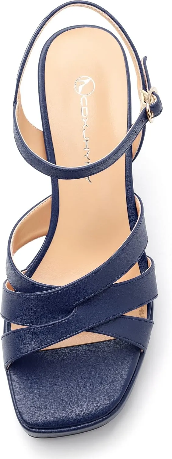 Women's Chunky Platform High Heels Block Heeled Sandals Open Square Toe Ankle Strap Dress Wedding Party Sandal Shoes 3.3''