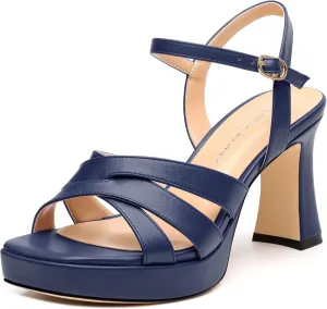 Women's Chunky Platform High Heels Block Heeled Sandals Open Square Toe Ankle Strap Dress Wedding Party Sandal Shoes 3.3''