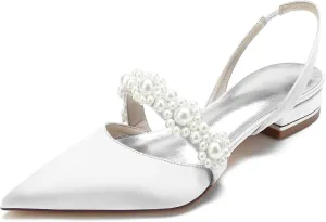 Women's Closed Toe Wedding Flats Slingback Pump Shoes with Pearls Wedding Comfort Low Heel Evening Dress Work Shoes,Satin Pearl Flats Pumps