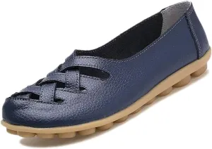 Women's Cowhide Leather Loafers Flats Sandals Slip-On