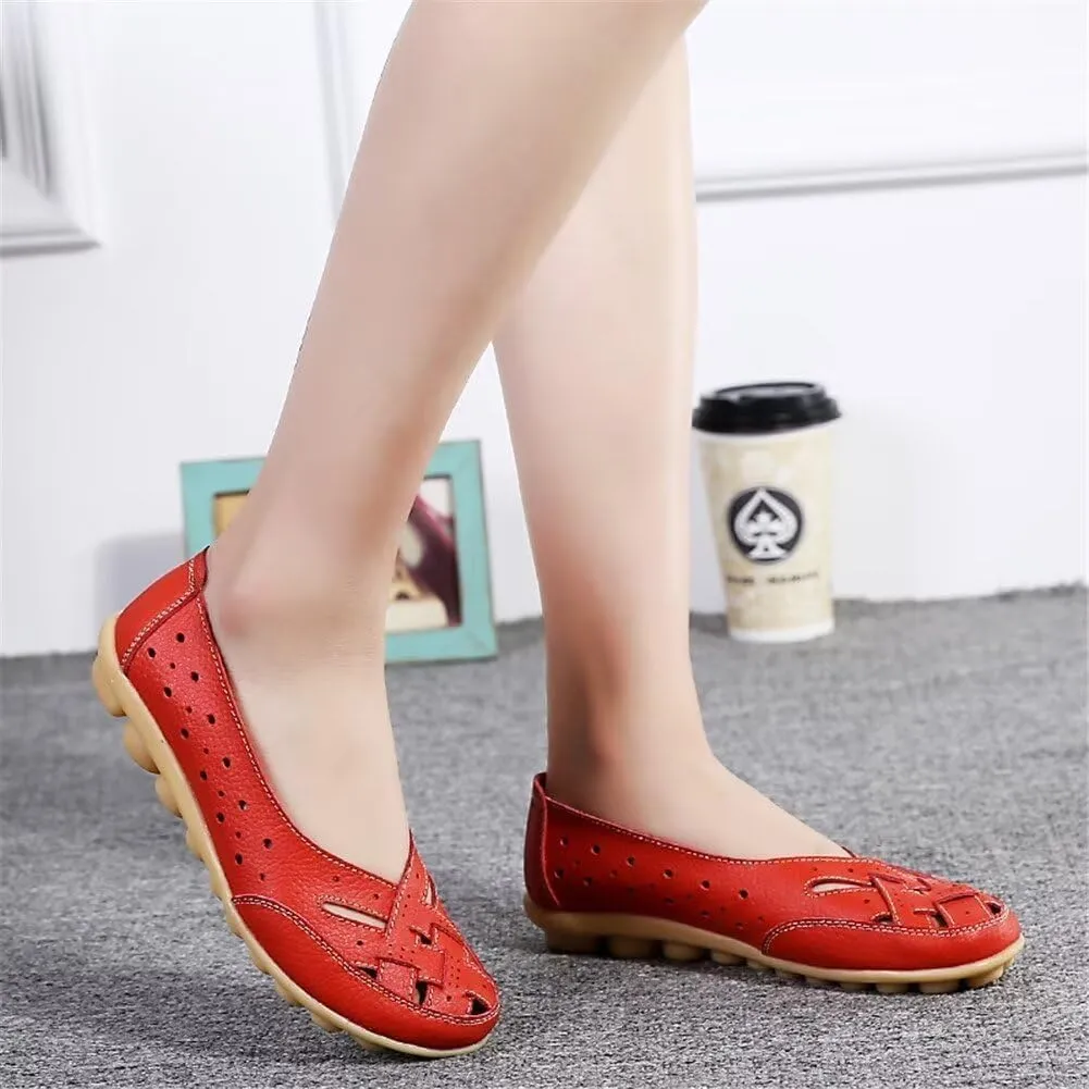 Women's Cowhide Leather Shoes Loafers Flats Sandals Slip-On Cutout