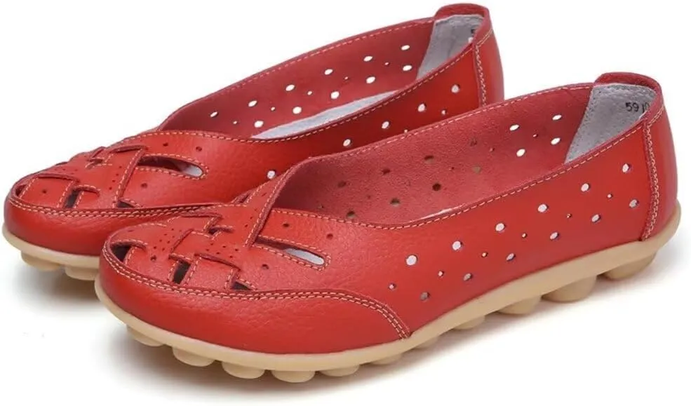 Women's Cowhide Leather Shoes Loafers Flats Sandals Slip-On Cutout