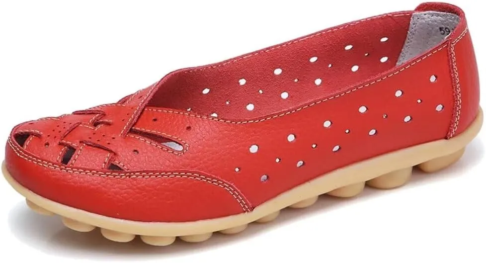 Women's Cowhide Leather Shoes Loafers Flats Sandals Slip-On Cutout