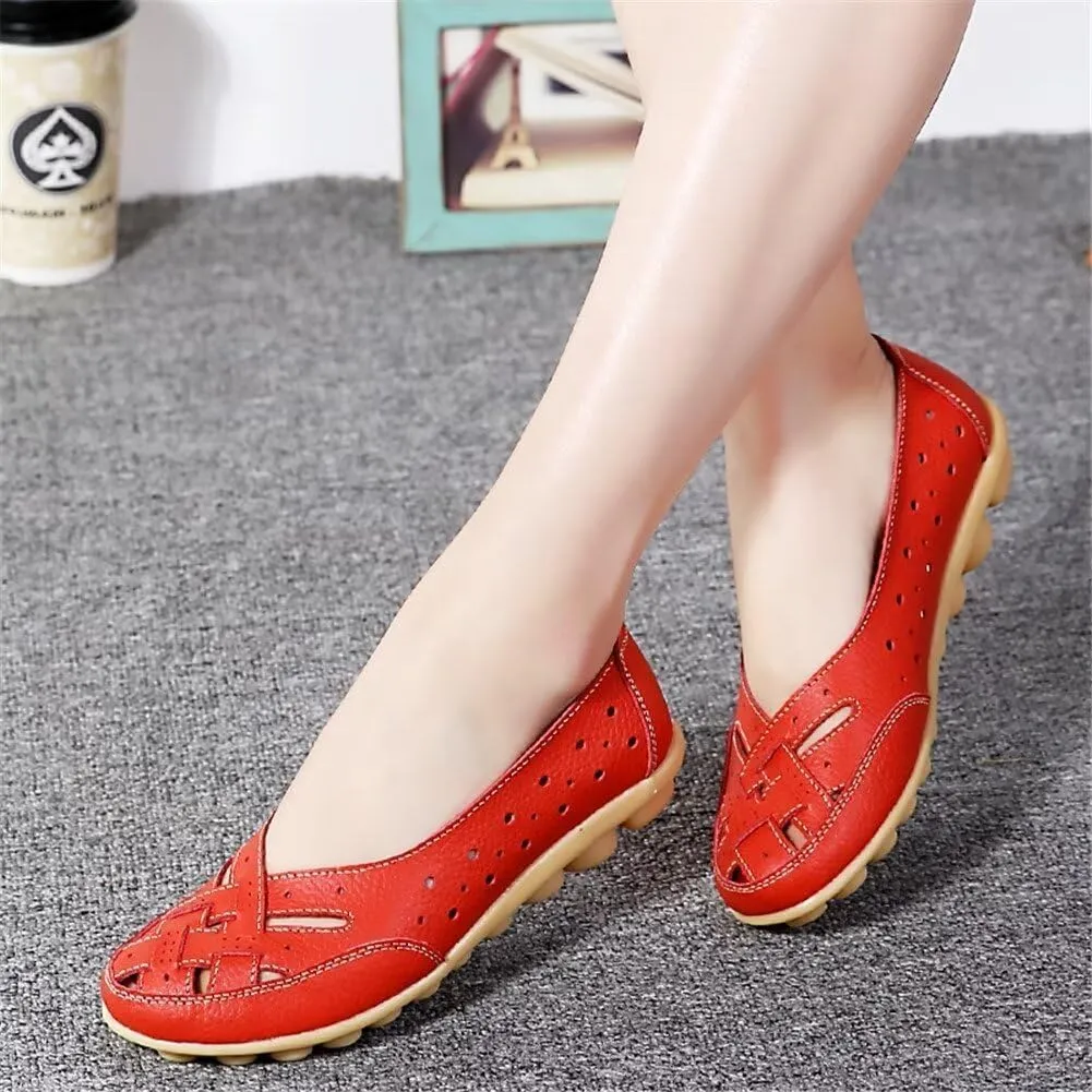 Women's Cowhide Leather Shoes Loafers Flats Sandals Slip-On Cutout