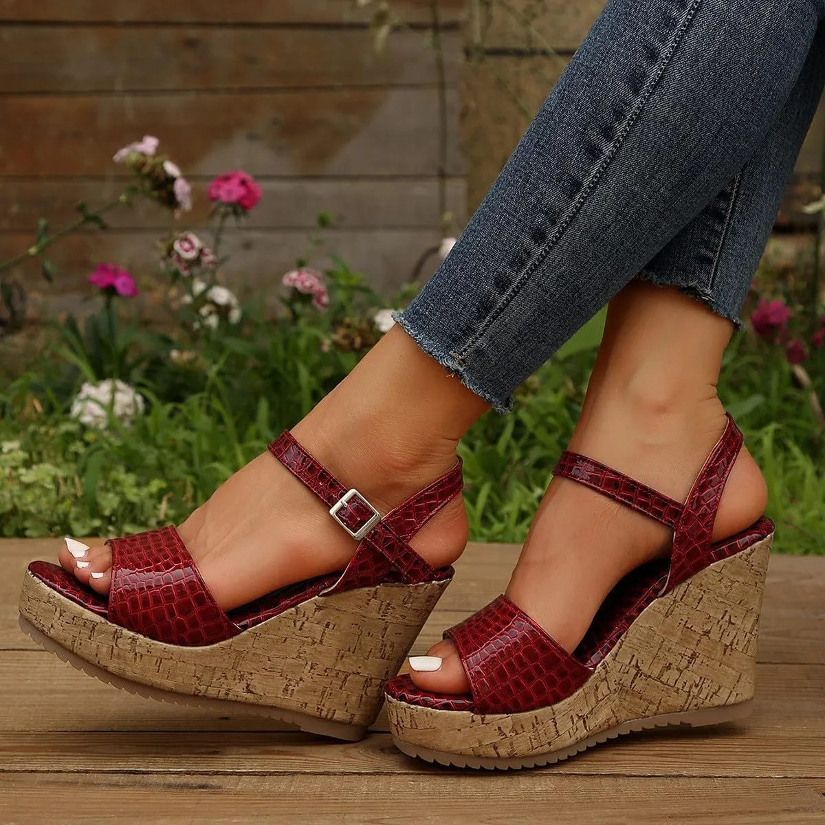 Women's Crocodile pattern Sandal Hook and Loop Wedge Sandals Thick Strappy Platform Shoe Anti-Slip Elegant High Heel