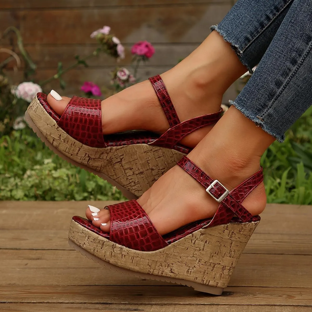 Women's Crocodile pattern Sandal Hook and Loop Wedge Sandals Thick Strappy Platform Shoe Anti-Slip Elegant High Heel