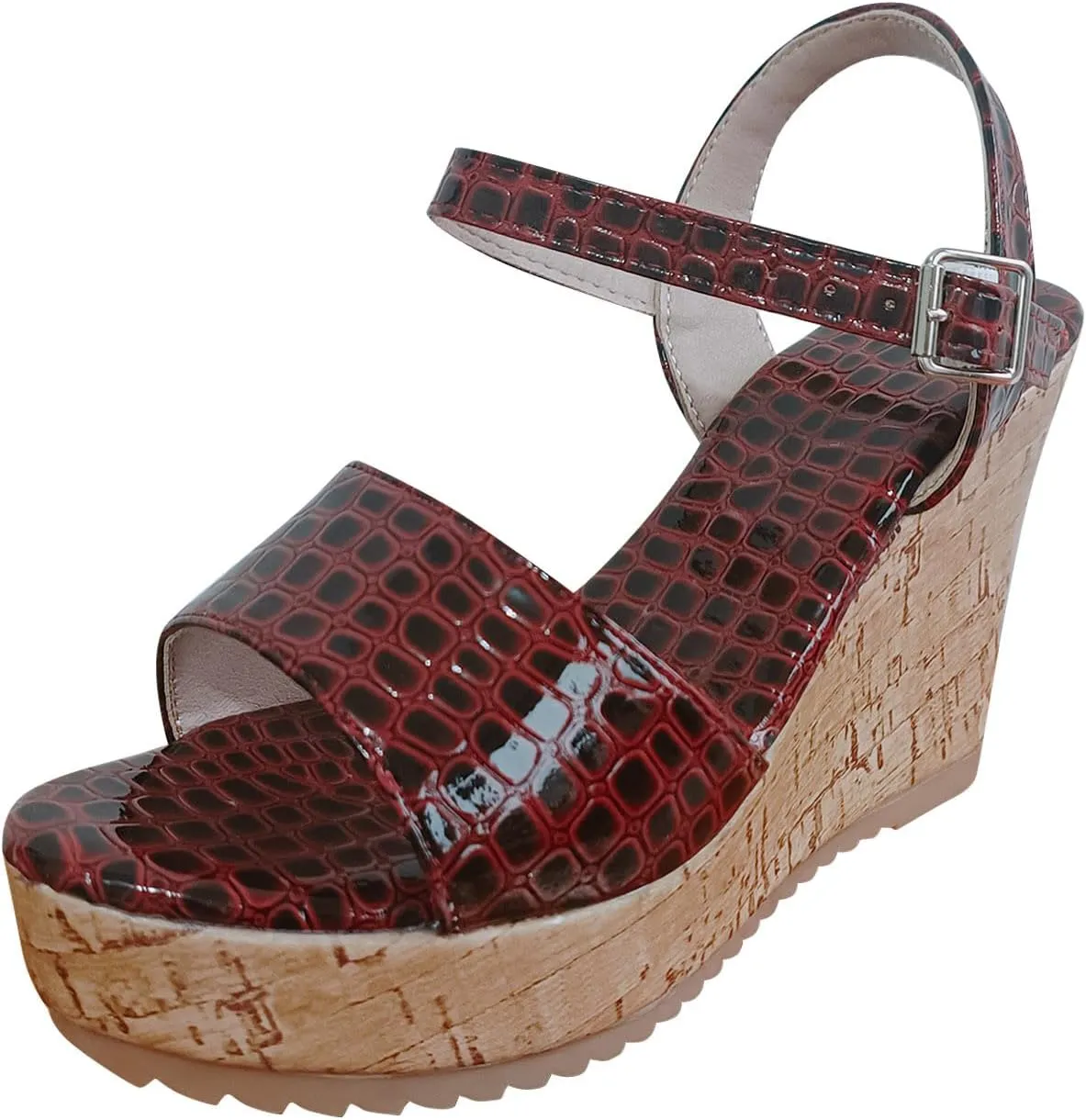 Women's Crocodile pattern Sandal Hook and Loop Wedge Sandals Thick Strappy Platform Shoe Anti-Slip Elegant High Heel