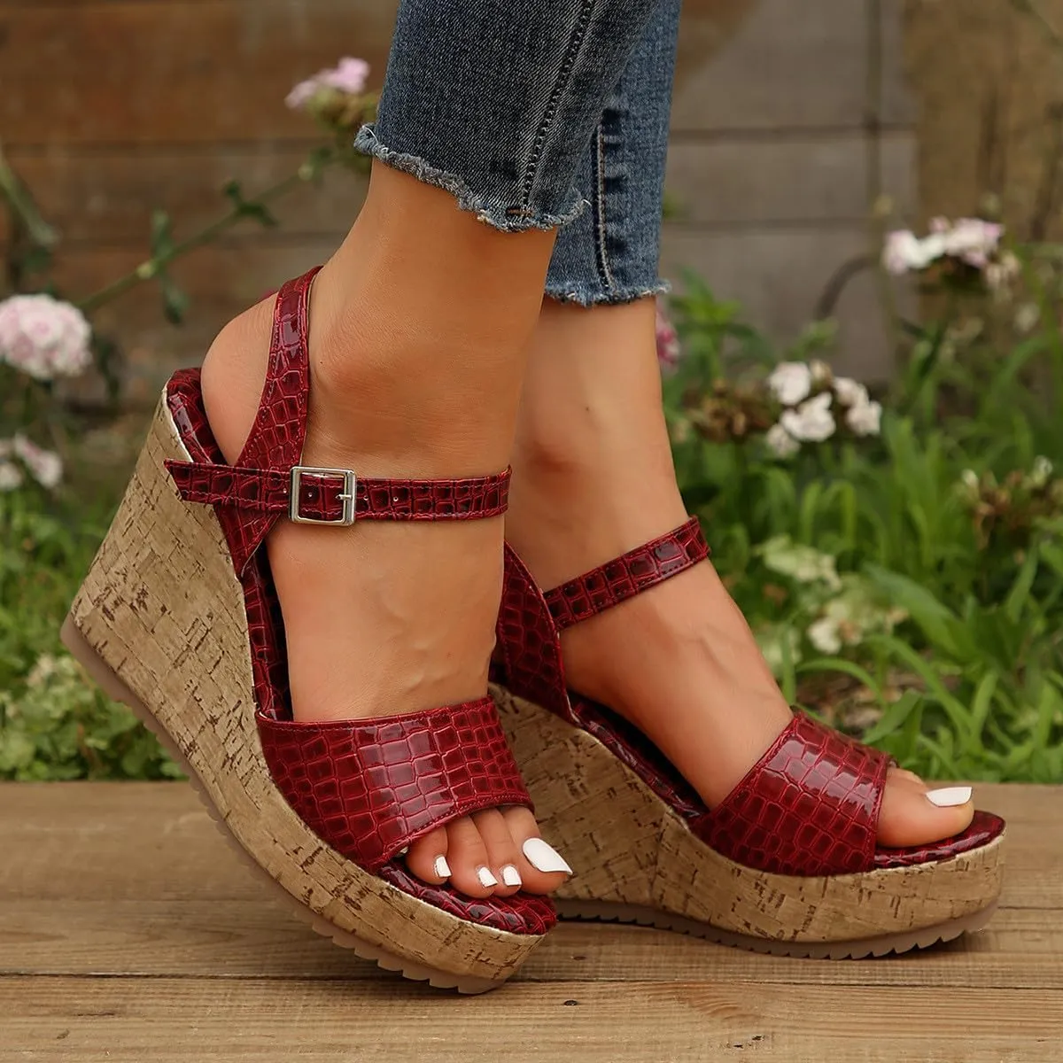 Women's Crocodile pattern Sandal Hook and Loop Wedge Sandals Thick Strappy Platform Shoe Anti-Slip Elegant High Heel