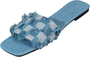 Women's Denim Plaid Square Open Toe Flat Slide Sandals Vintage Fashion Slip On Backless Low-Heels Sandals Soft Non-Slip Dressy Slippers for Indoor Outdoor Daily Wear