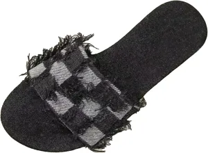 Women's Denim Plaid Square Open Toe Flat Slide Sandals Vintage Fashion Slip On Backless Low-Heels Sandals Soft Non-Slip Dressy Slippers for Indoor Outdoor Daily Wear