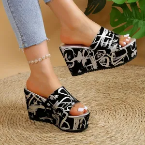 Women's Elegant Black & White Graffiti-Print Open-Toe Wedge Sandals – Thick Sole High Platform Heels, Slip-On Design, PVC Material, Summer Fashion