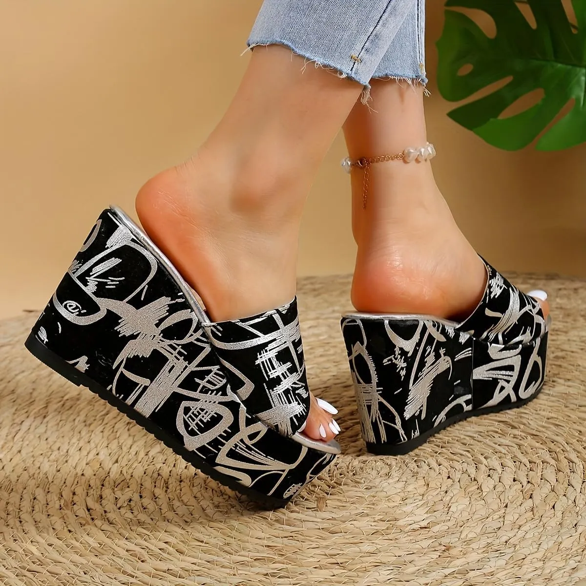 Women's Elegant Black & White Graffiti-Print Open-Toe Wedge Sandals – Thick Sole High Platform Heels, Slip-On Design, PVC Material, Summer Fashion