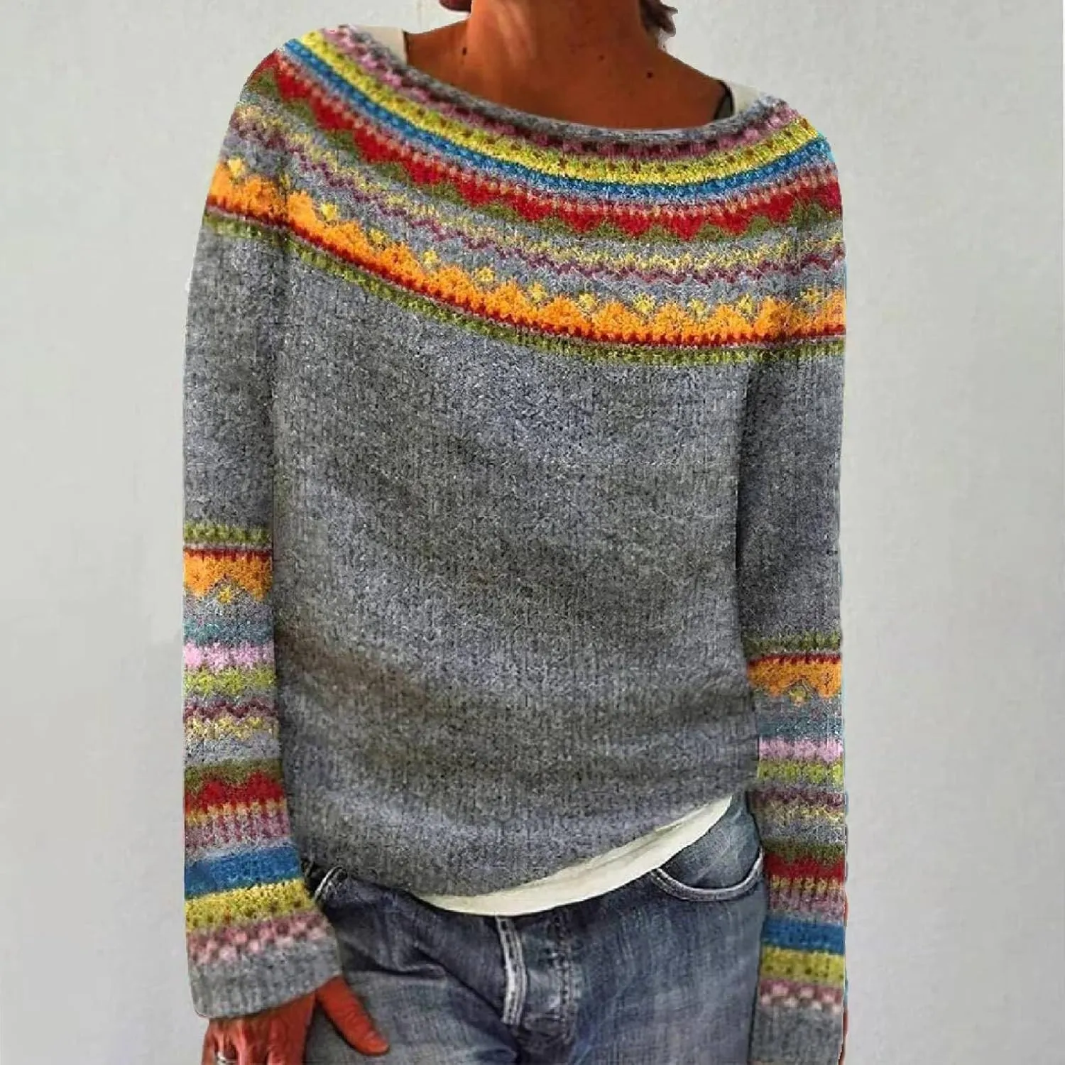 Women's Fair Isle Knitted Sweater Vintage Long Sleeve Boat Neck Retro Lightweight Pullover Top for 2024 Fall Winter