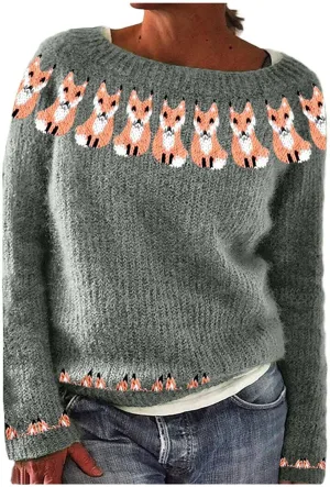 Women's Fair Isle Knitted Sweater Vintage Long Sleeve Boat Neck Retro Lightweight Pullover Top for 2024 Fall Winter