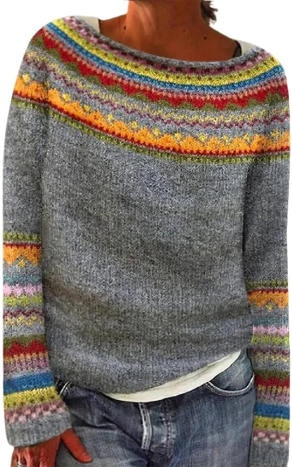 Women's Fair Isle Knitted Sweater Vintage Long Sleeve Boat Neck Retro Lightweight Pullover Top for 2024 Fall Winter