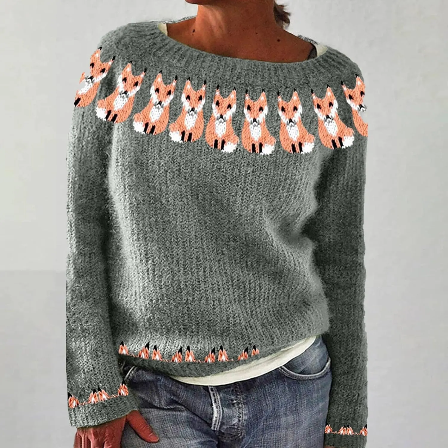 Women's Fair Isle Knitted Sweater Vintage Long Sleeve Boat Neck Retro Lightweight Pullover Top for 2024 Fall Winter