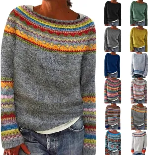 Women's Fair Isle Knitted Sweater Vintage Long Sleeve Boat Neck Retro Lightweight Pullover Top for 2024 Fall Winter